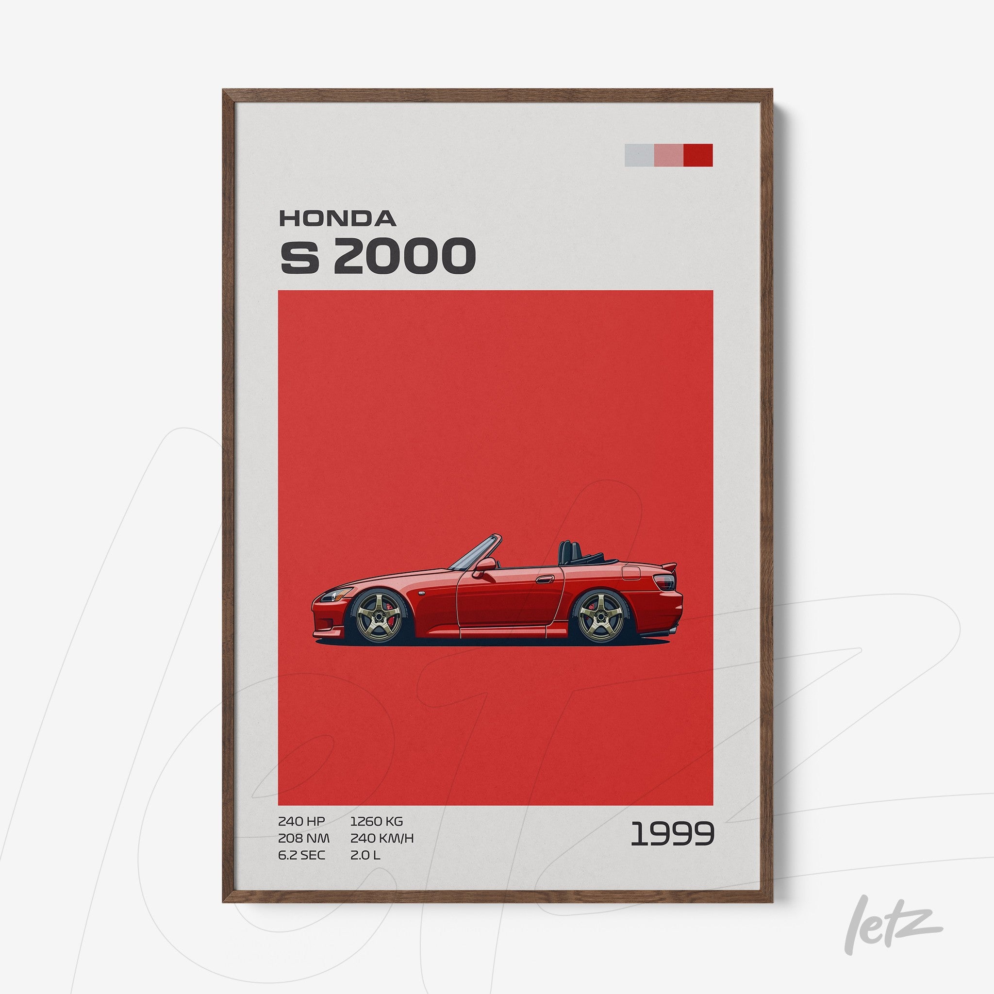 framed wall art featuring an illustration of a red Honda S2000 against a vibrant red background, emphasizing technical details like horsepower and weight