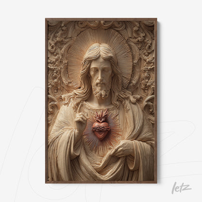 framed wall art featuring a relief sculpture of Jesus Christ with a sacred heart in light wood frame