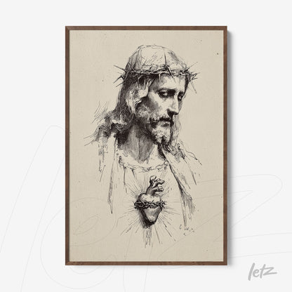 framed classic style art depicting jesus christ with a crown of thorns in dark wooden frame