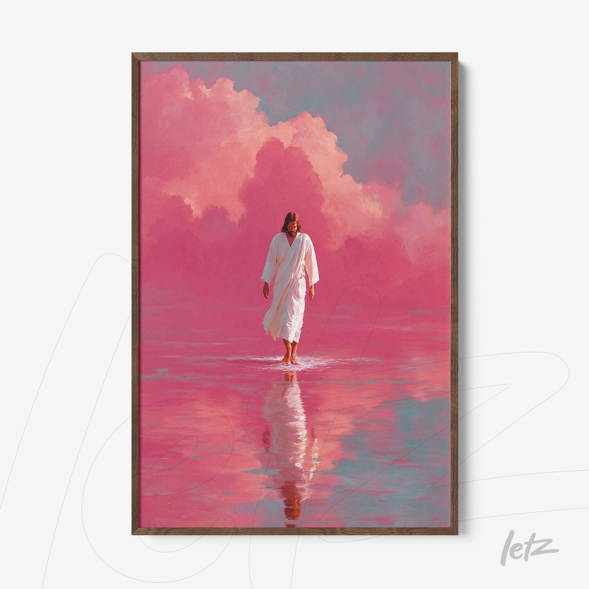 framed wall art depicting an angelic figure walking on water with reflection of pink clouds