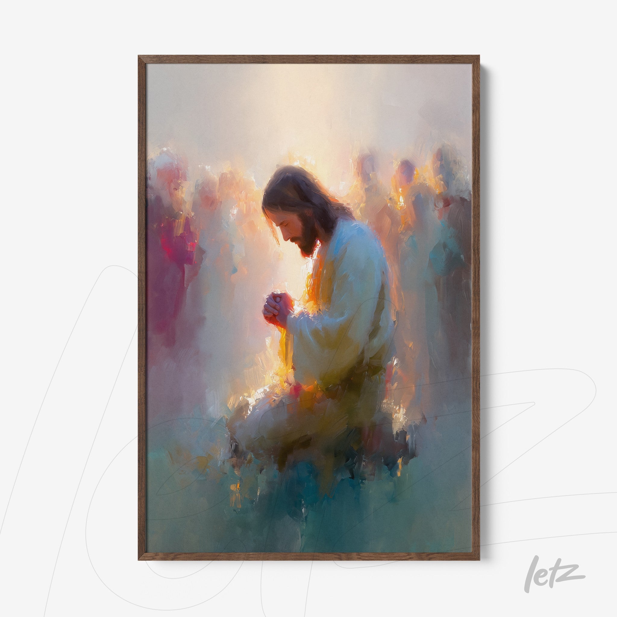 framed abstract art of jesus in prayer surrounded by blurred figures in soft hues