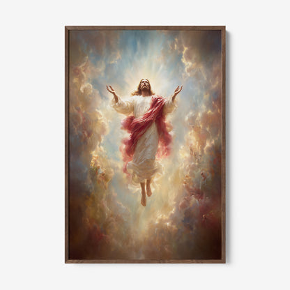 religious artwork of ascending Jesus Christ framed in dark wooden frame