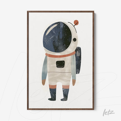 framed artwork of a colorful astronaut illustration with light brown frame