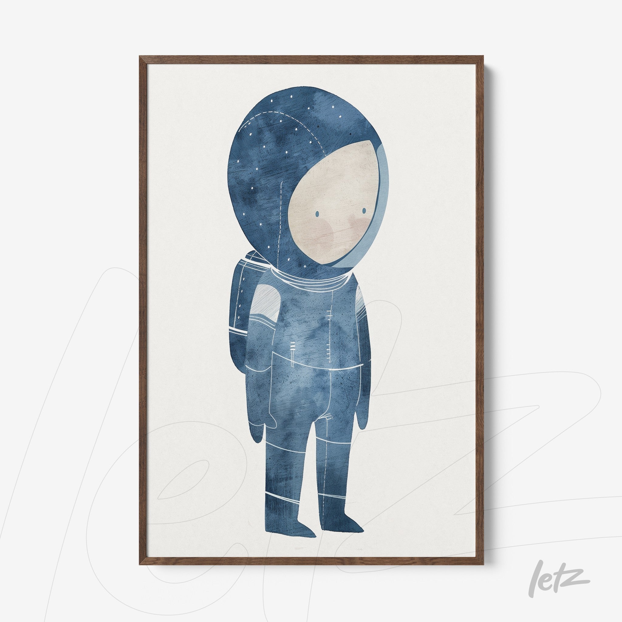 framed artwork of a blue-toned astronaut illustration with dark wooden frame
