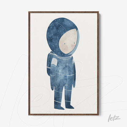 framed artwork of a blue-toned astronaut illustration with dark wooden frame