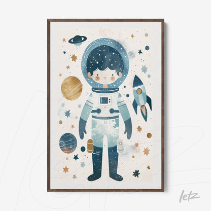 framed children's illustration of an astronaut surrounded by planets and stars with a light wood frame