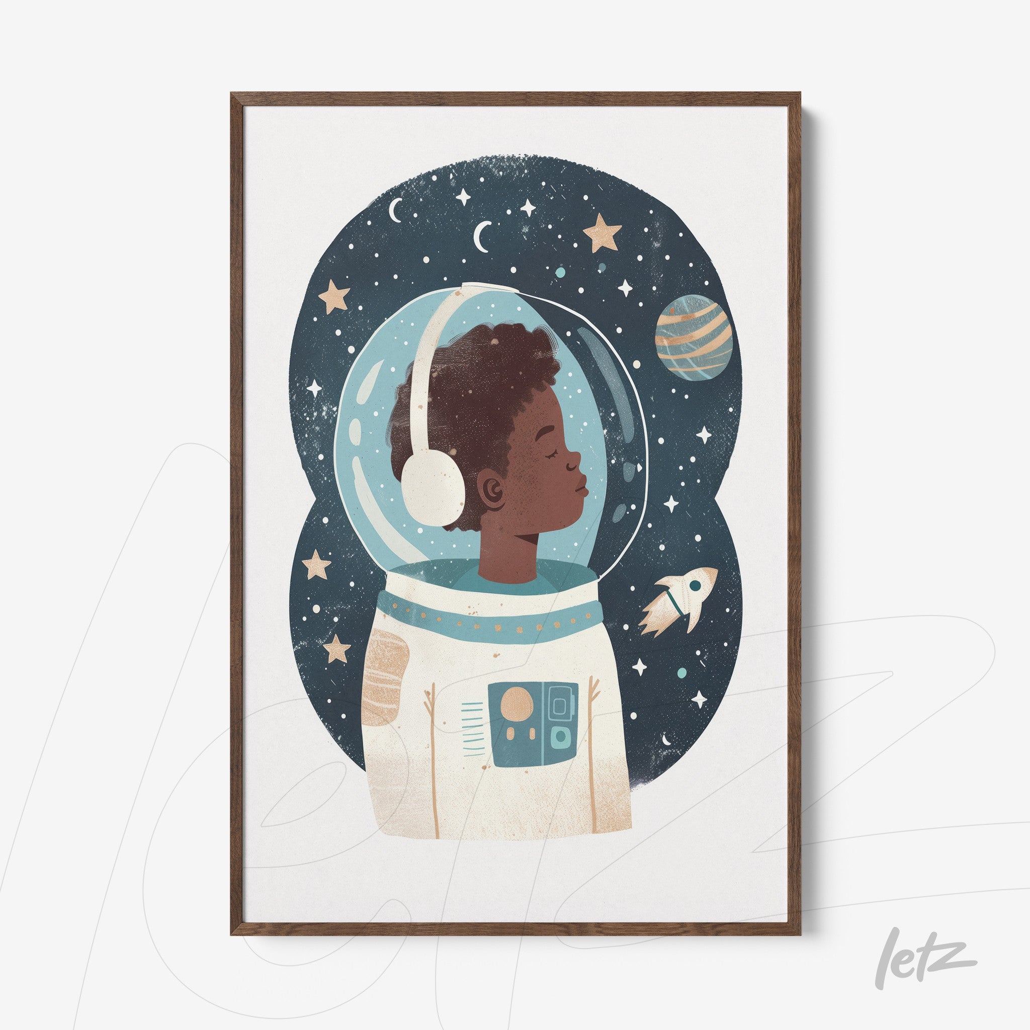 framed wall art featuring a young astronaut in a helmet against a starry background