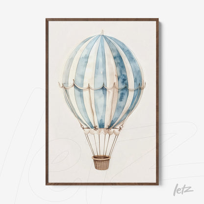 framed artwork of a watercolor hot air balloon with light wooden frame