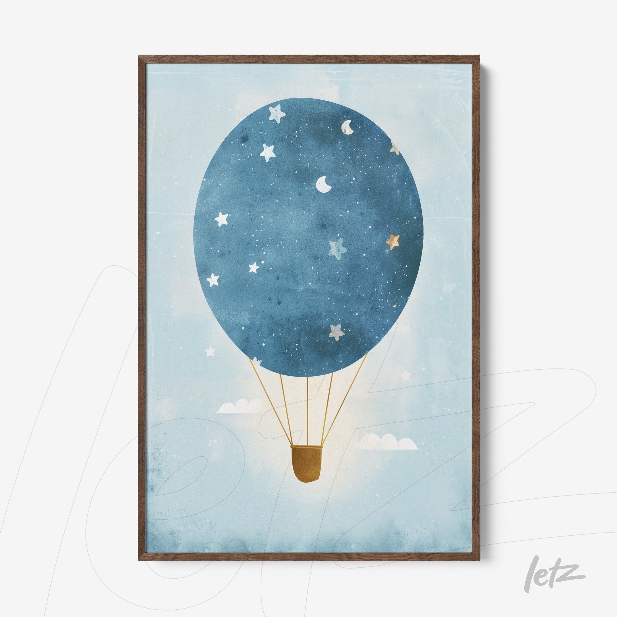 framed art of a hot air balloon in a light blue background with stars and clouds, featuring a brown frame