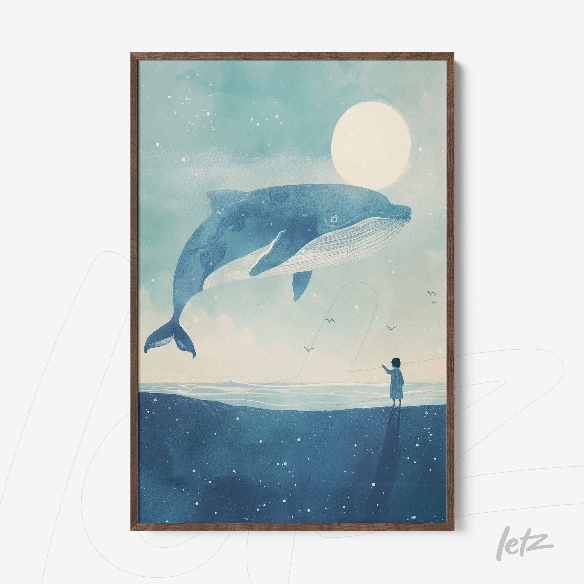 framed wall art featuring a blue whale in a starry sky, dark wooden frame with soft contrast