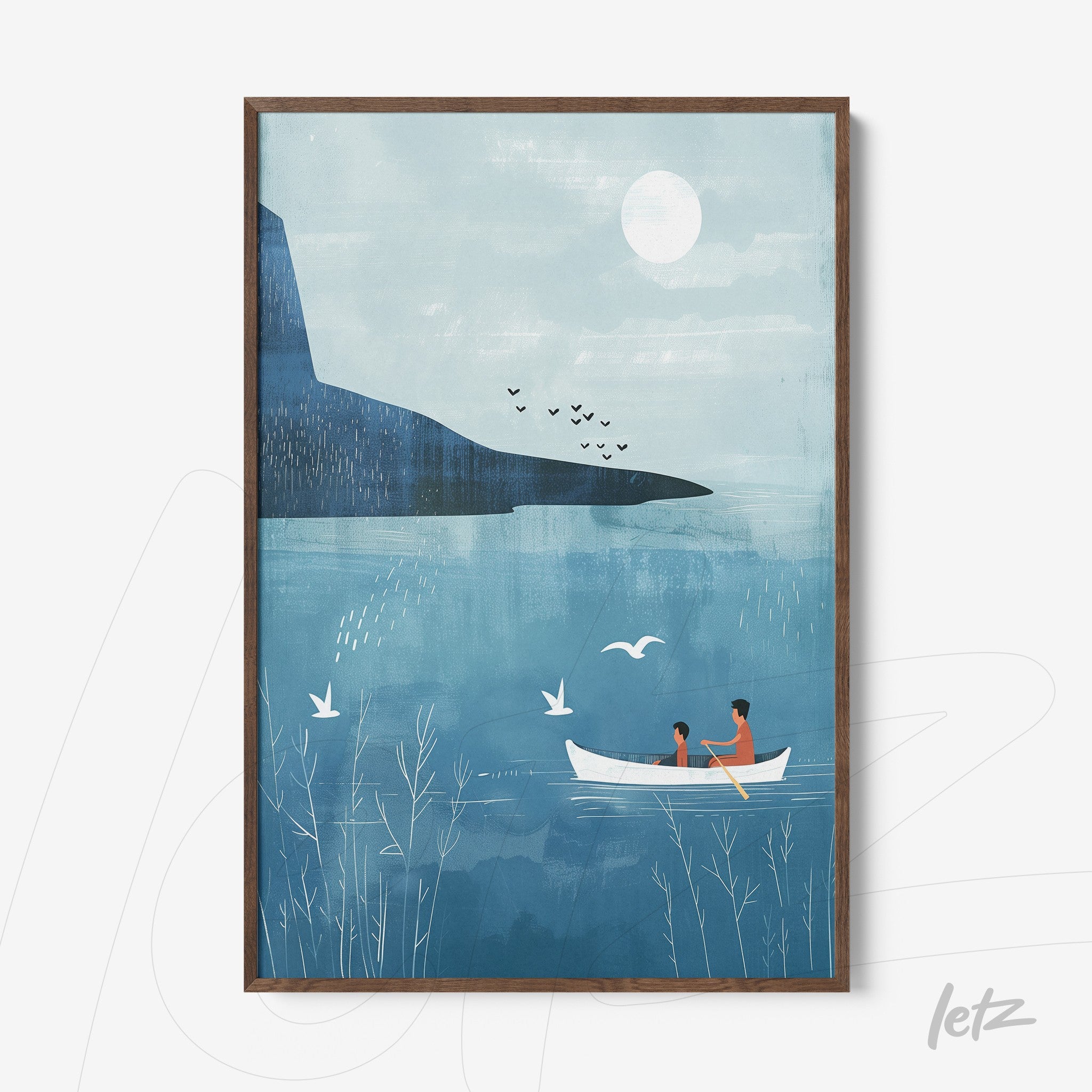 framed artwork featuring a minimalist illustration of a couple in a small boat on a lake, with mountains in the background and a light blue sky