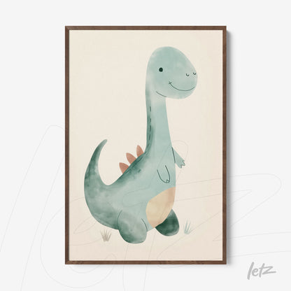 framed artwork of a watercolor dinosaur illustration with dark wood frame