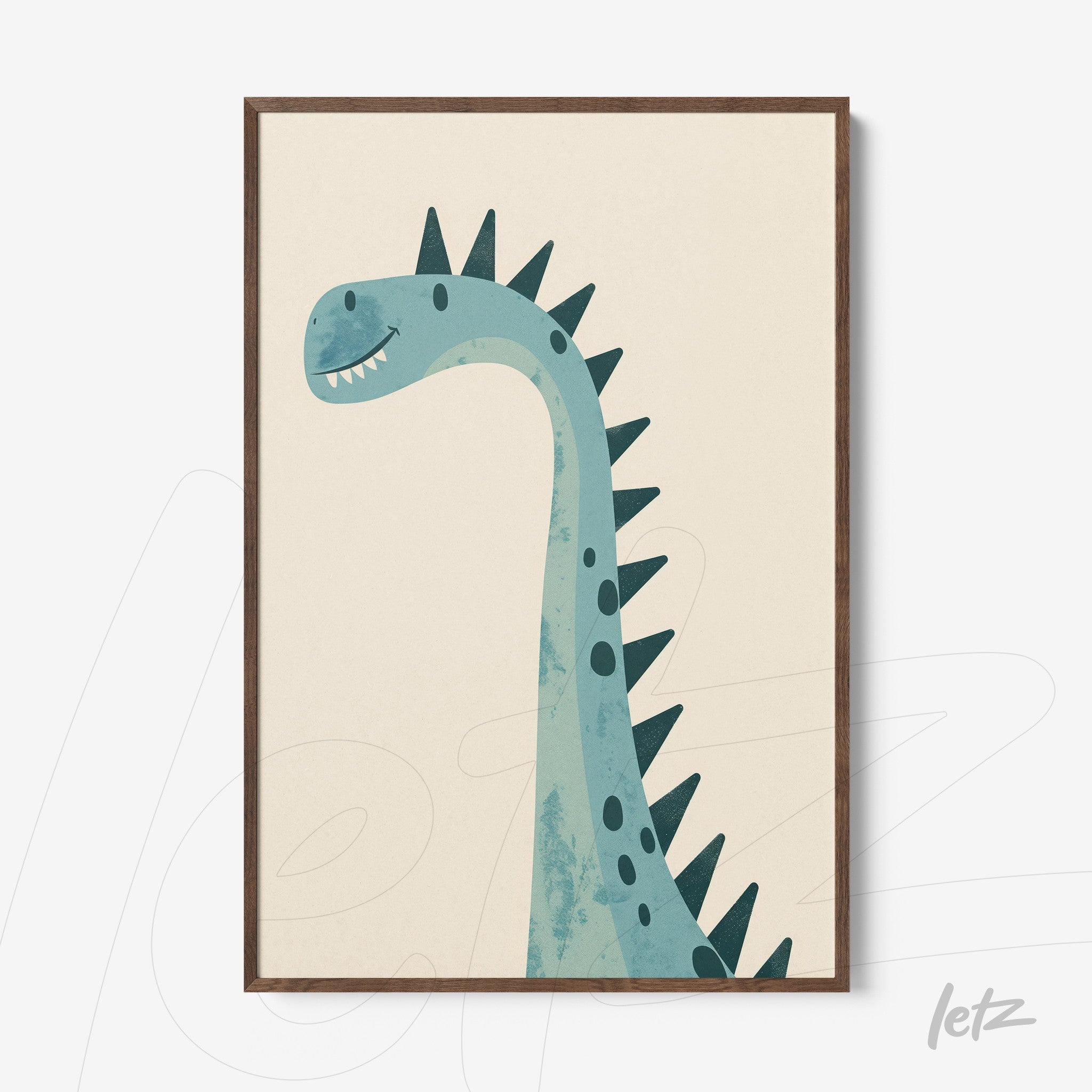 framed wall art featuring a blue dinosaur illustration with dark spikes