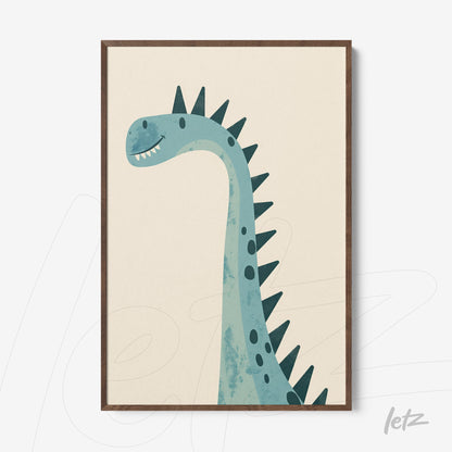 framed wall art featuring a blue dinosaur illustration with dark spikes
