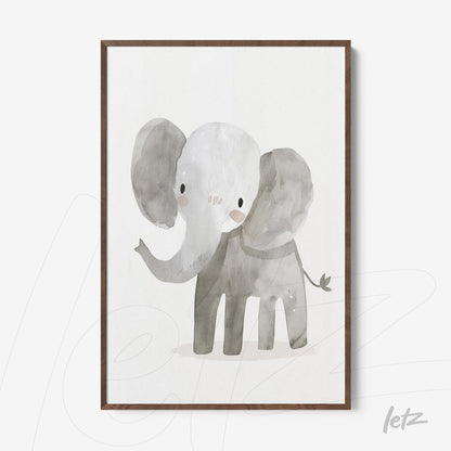 framed artwork of a cute gray elephant illustration with wooden frame