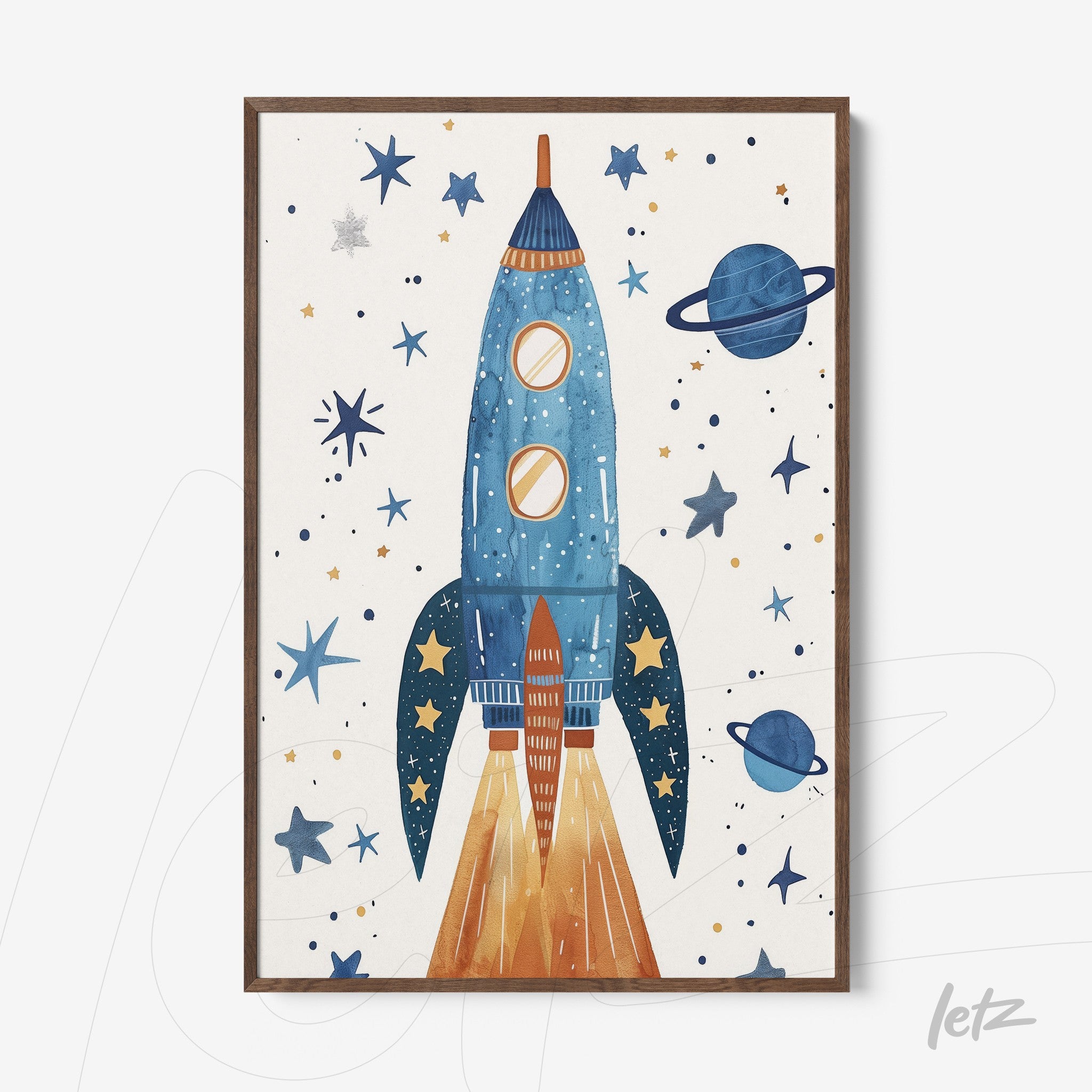 framed illustration of a blue rocket launching amidst a starry background with planets