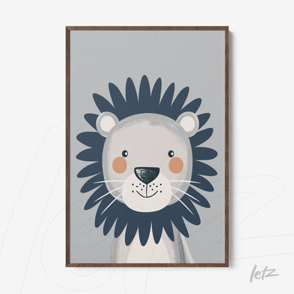 framed wall art featuring a cute lion illustration on gray background with light wood frame