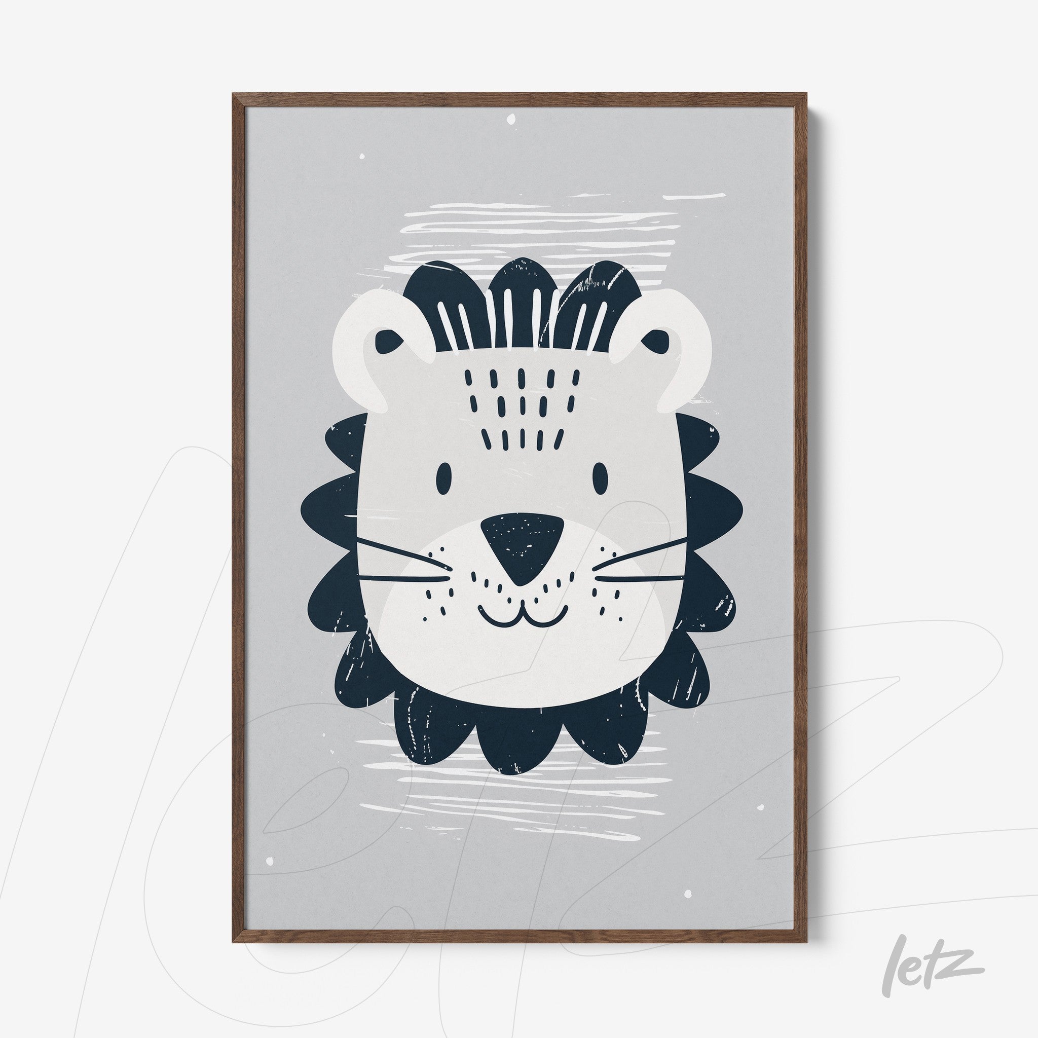framed wall art featuring a lion illustration on gray background with dark wood frame