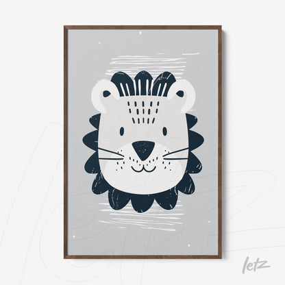 framed wall art featuring a lion illustration on gray background with dark wood frame