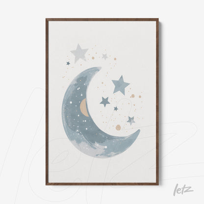 framed art featuring a blue crescent moon and stars on a light background with a dark wood frame