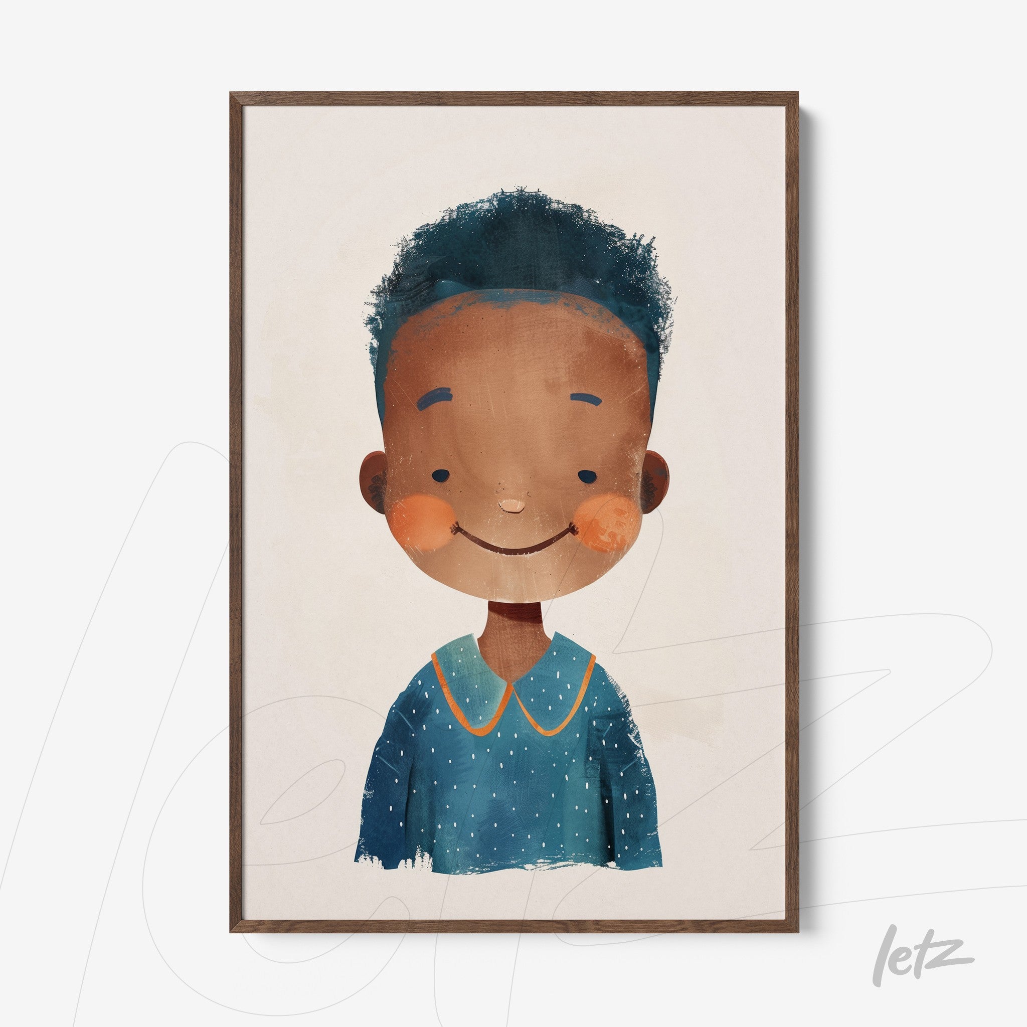 framed artwork of a smiling boy with curly hair in a blue outfit