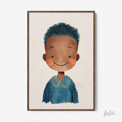 framed artwork of a smiling boy with curly hair in a blue outfit
