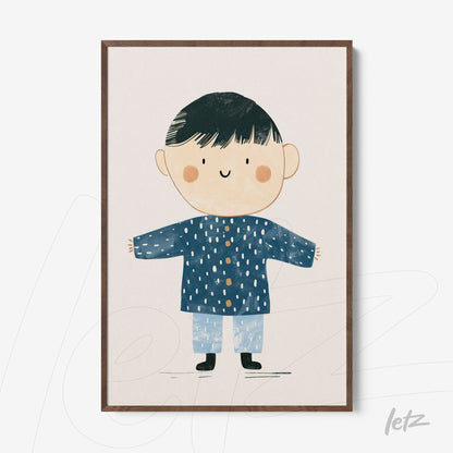 framed wall art featuring a child illustration of a boy in a blue coat with light background