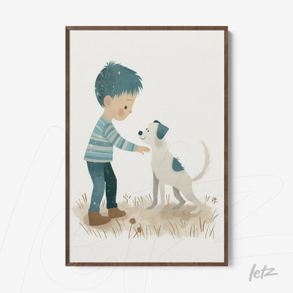 framed artwork featuring a child interacting with a dog in earthy tones