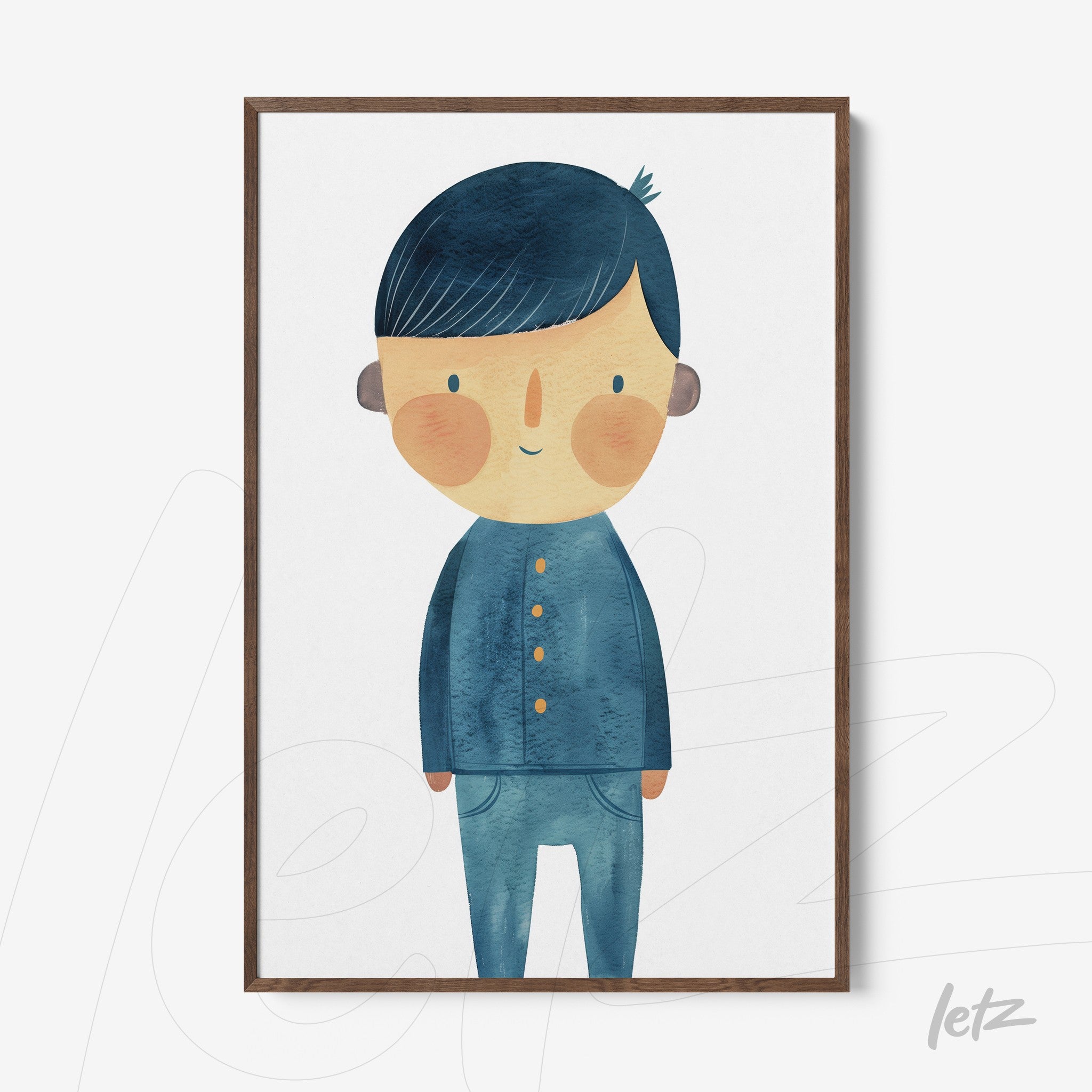 framed wall art of a smiling boy illustration with dark wood frame