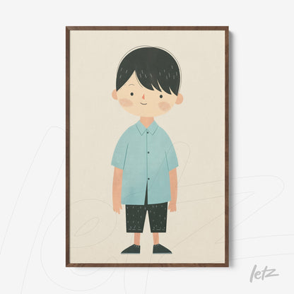 framed wall art featuring a cute illustration of a boy in a light blue shirt and black pants with dark hair