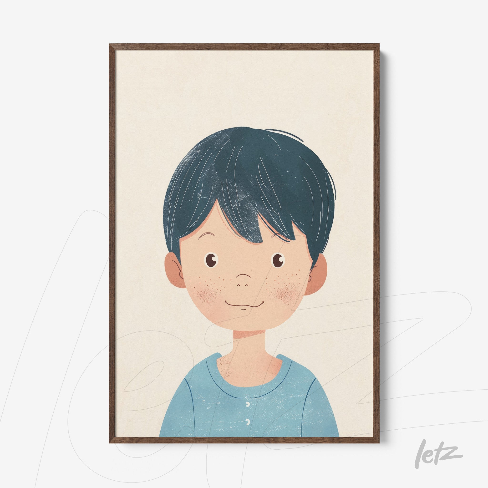 framed artwork featuring a smiling child's head with dark blue hair and a light blue shirt