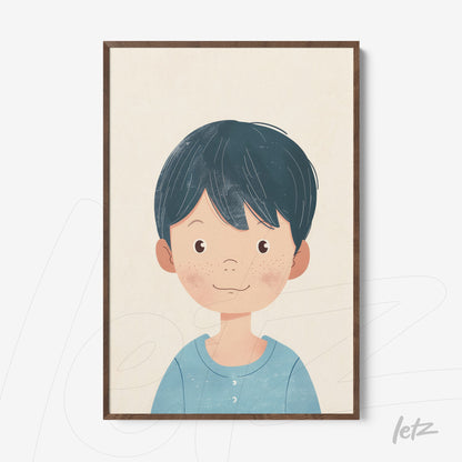 framed artwork featuring a smiling child's head with dark blue hair and a light blue shirt