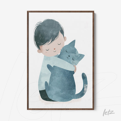 framed wall art featuring a child hugging a blue cat in light wood frame