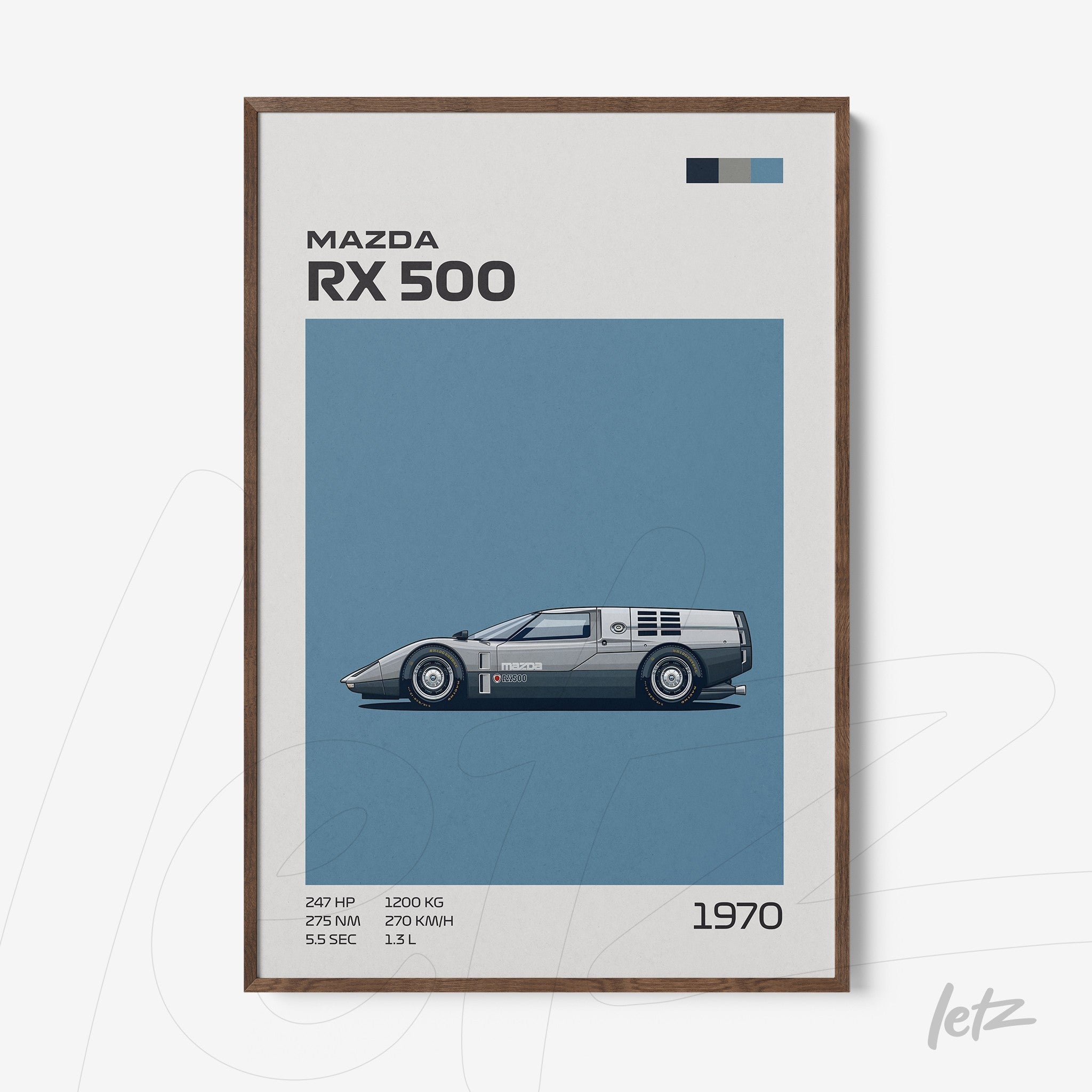 framed artwork featuring the mazda rx 500 car illustration on blue background with dark wood frame