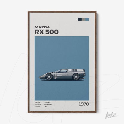 framed artwork featuring the mazda rx 500 car illustration on blue background with dark wood frame