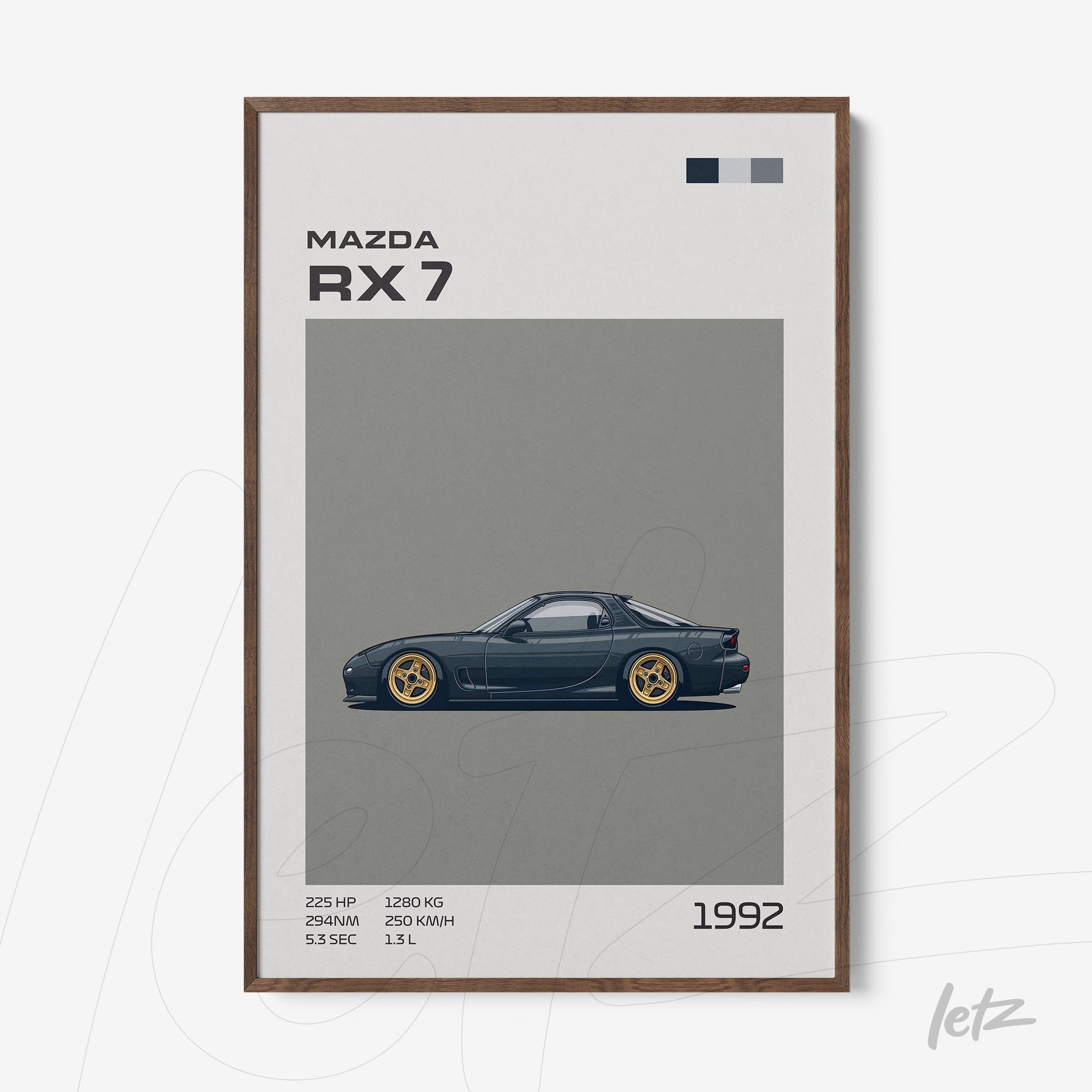 framed artwork featuring a stylized illustration of the 1992 Mazda RX 7 with a dark wood frame