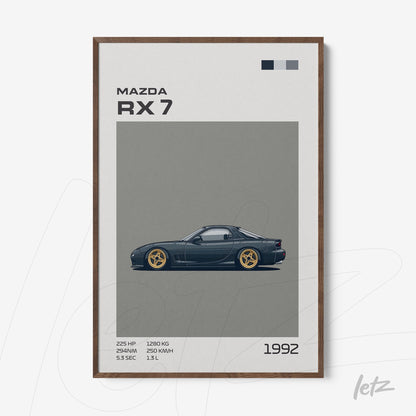 framed artwork featuring a stylized illustration of the 1992 Mazda RX 7 with a dark wood frame