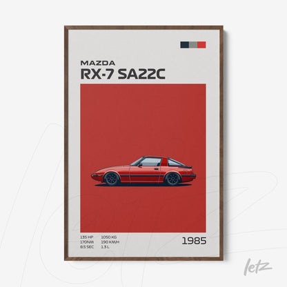 framed retro illustration of Mazda RX-7 SA22C car with dark wood frame, red background featuring white and black accents