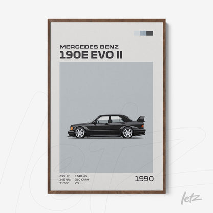 framed graphic art of the Mercedes Benz 190E EVO II with dark wood frame