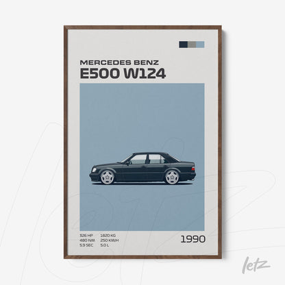 minimalist framed art of a 1990 mercedes benz e500 w124 in light blue background with dark wood frame