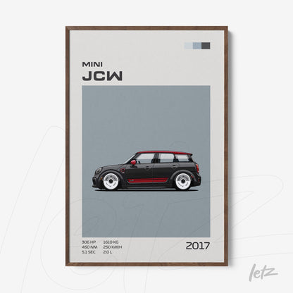 framed wall art featuring a detailed illustration of the 2017 Mini JCW car with dark wooden frame