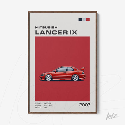 framed artwork featuring a Mitsubishi Lancer IX illustration on a red background with brown frame