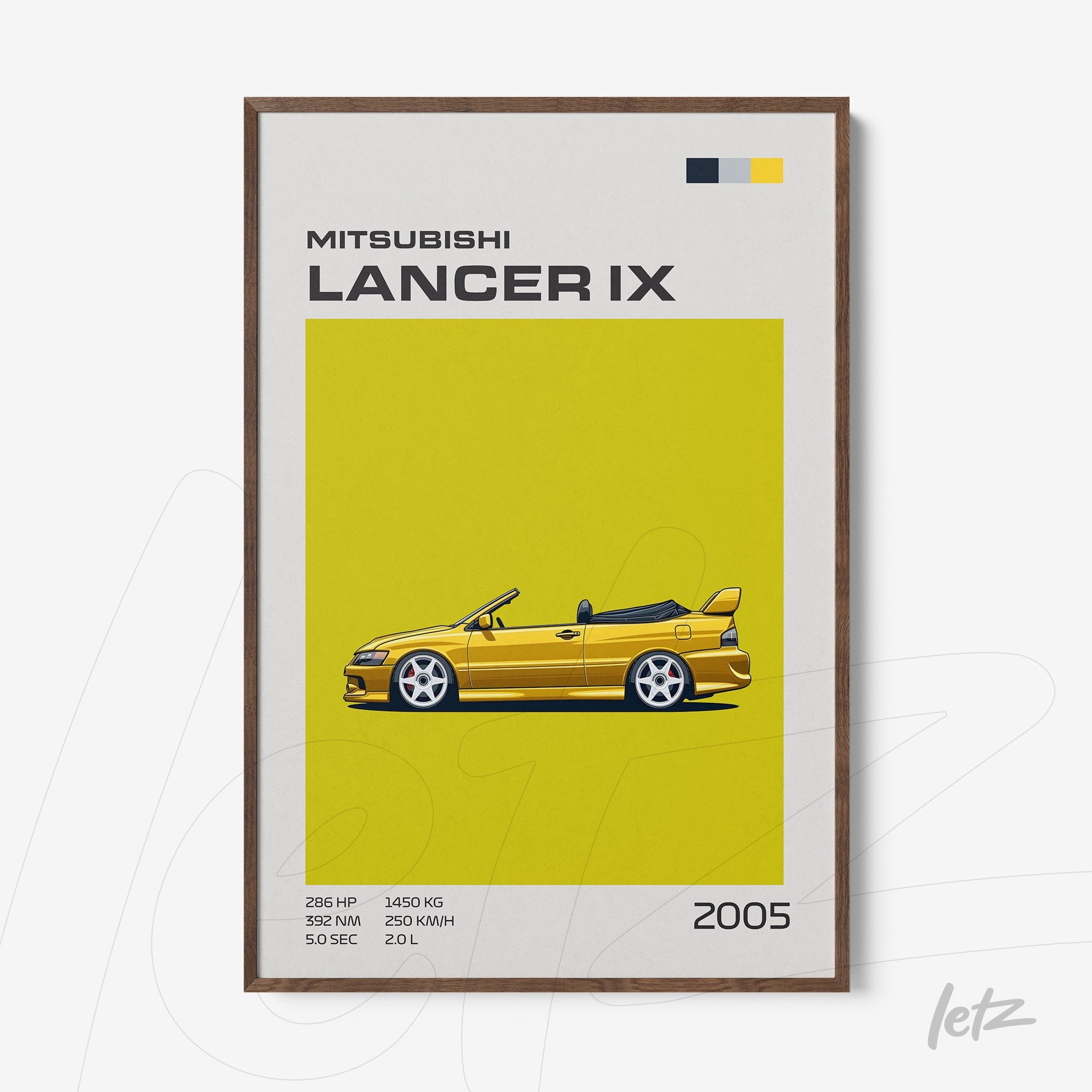 framed artwork featuring a Mitsubishi Lancer IX illustration on a yellow background with a brown frame
