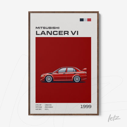 decorative artwork featuring illustration of Mitsubishi Lancer VI with red background and dark wood frame