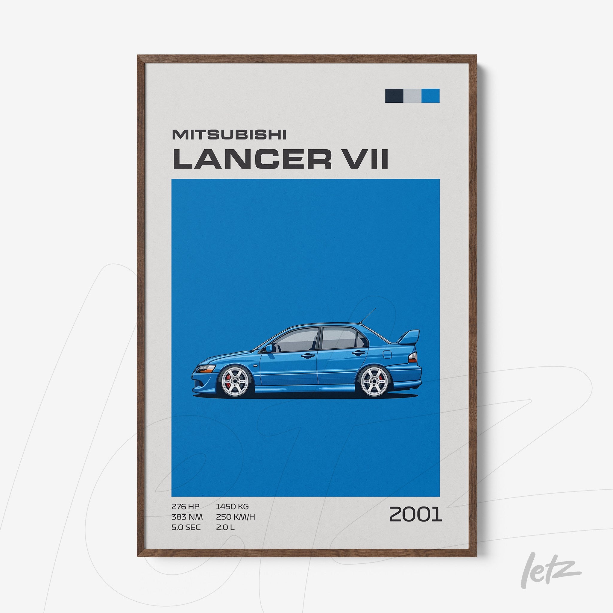 framed wall art featuring a digital illustration of Mitsubishi Lancer VII against a vibrant blue background with a brown frame