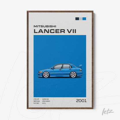 framed wall art featuring a digital illustration of Mitsubishi Lancer VII against a vibrant blue background with a brown frame