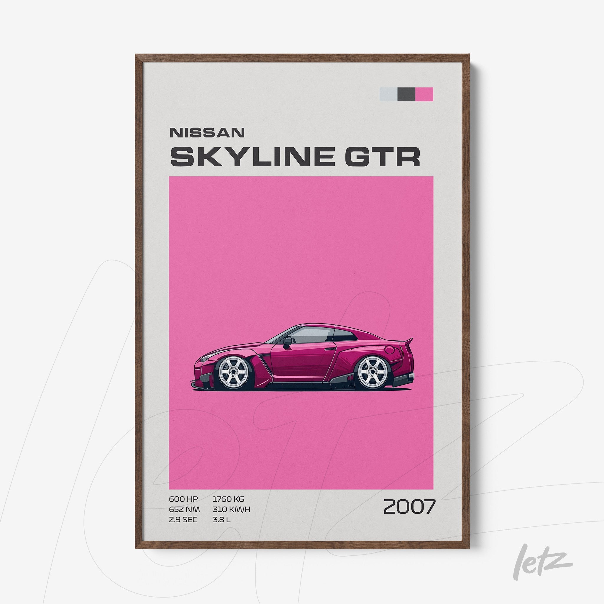 framed art featuring the Nissan Skyline GTR illustration on a vibrant pink background with brown frame