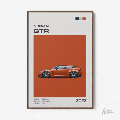 framed wall art featuring digital illustration of a Nissan GTR sports car on orange background