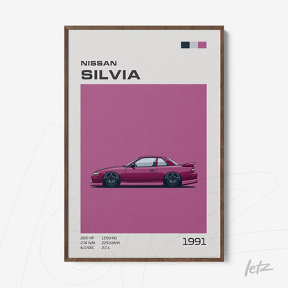 framed artwork featuring the 1991 Nissan Silvia in vibrant pink background with dark wooden frame