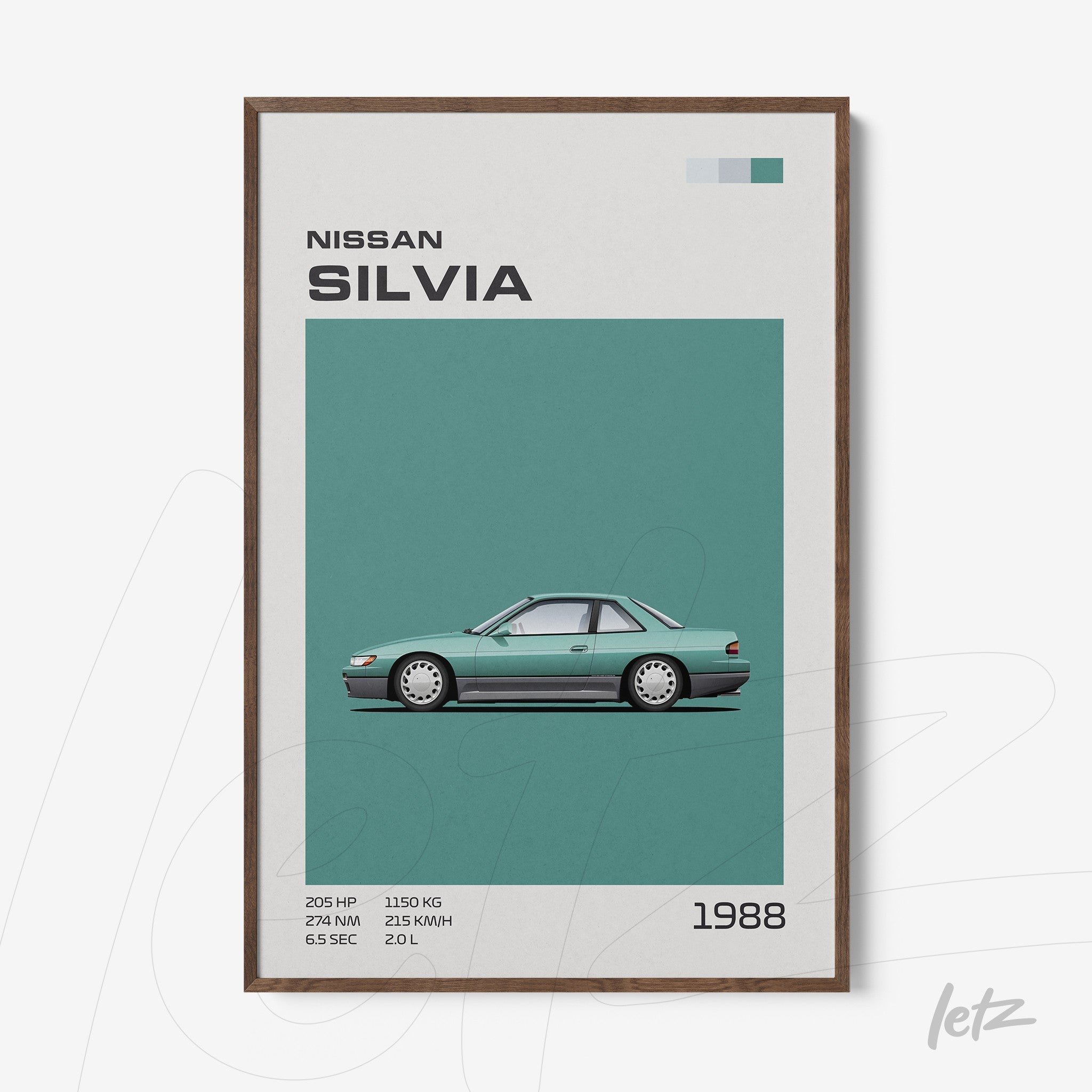 framed graphic art of the 1988 Nissan Silvia with green background and dark wood frame